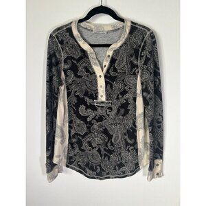 Ces Femme black cream paisley henley long sleeve tshirt M/L stretch Y2K casual